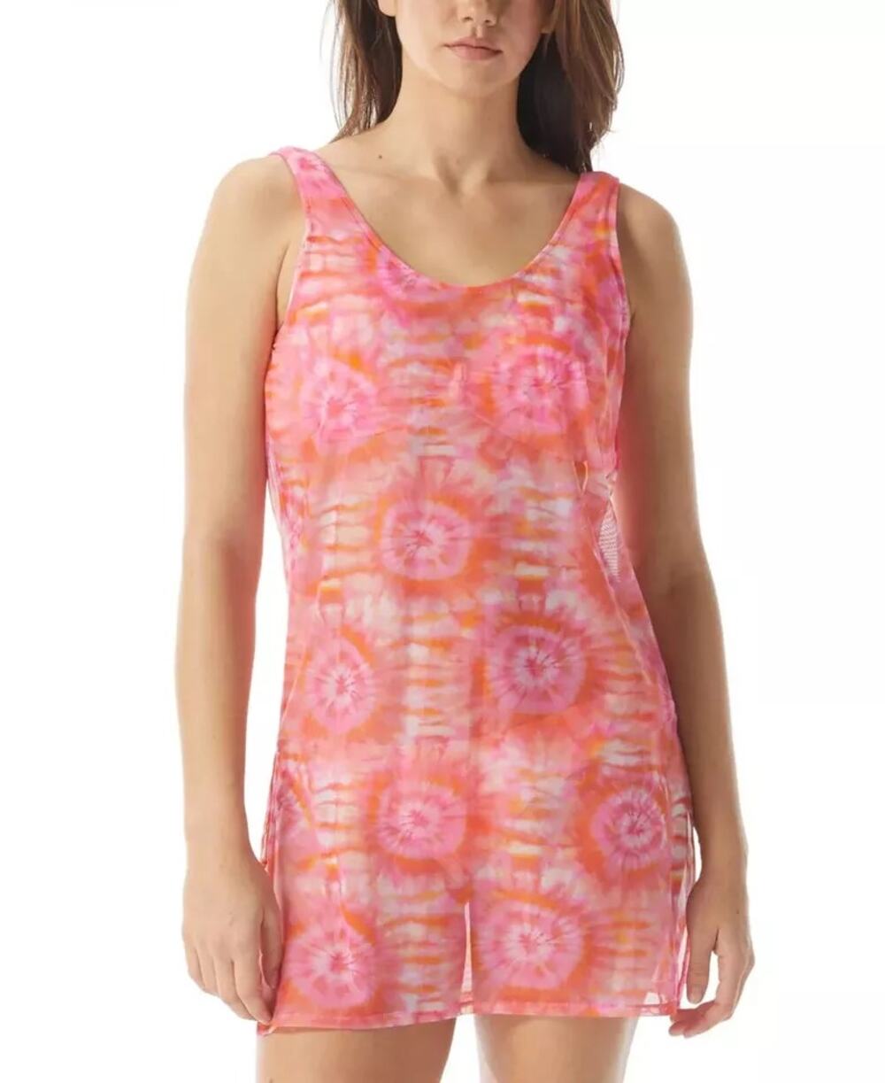 Sundazed Quinn Tie-Dye Mesh Tank Cover Up Dress Size M Pink Orange New Sheer